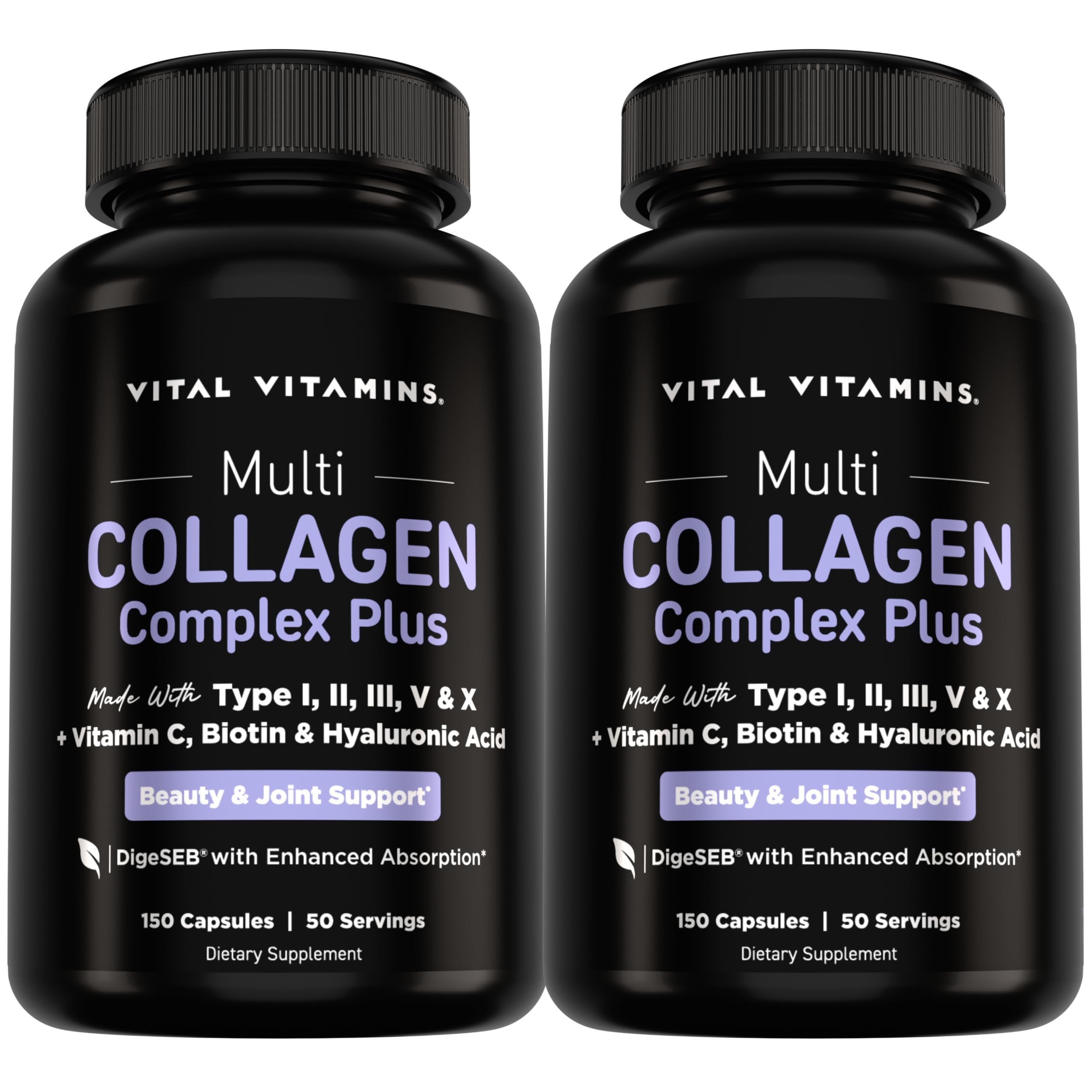 Vital Vitamins Multi Collagen Complex Plus Biotin, Hyaluronic Acid & VIT. C | Hair, Skin, & Nails Supplements for Women and Men, 5 Collagen Types I II III V & X, 150 Capsules