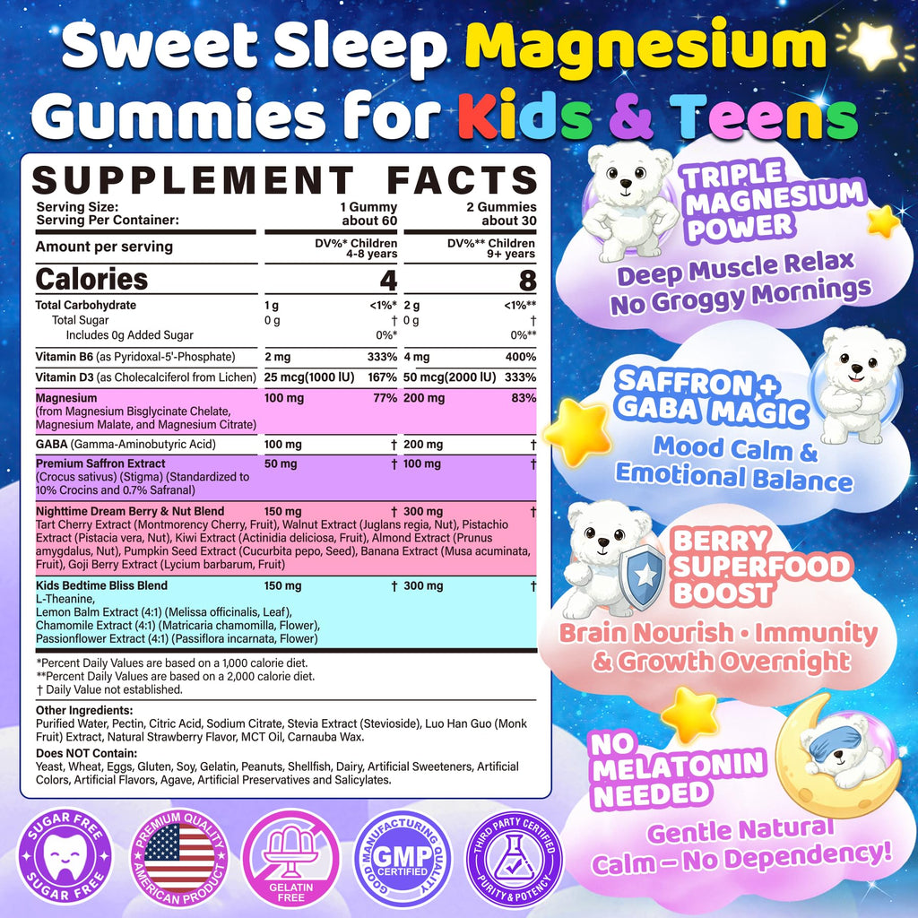Kids Sleep Gummies Magnesium Glycinate D3 B6 Saffron No Melatonin Sleep Aid