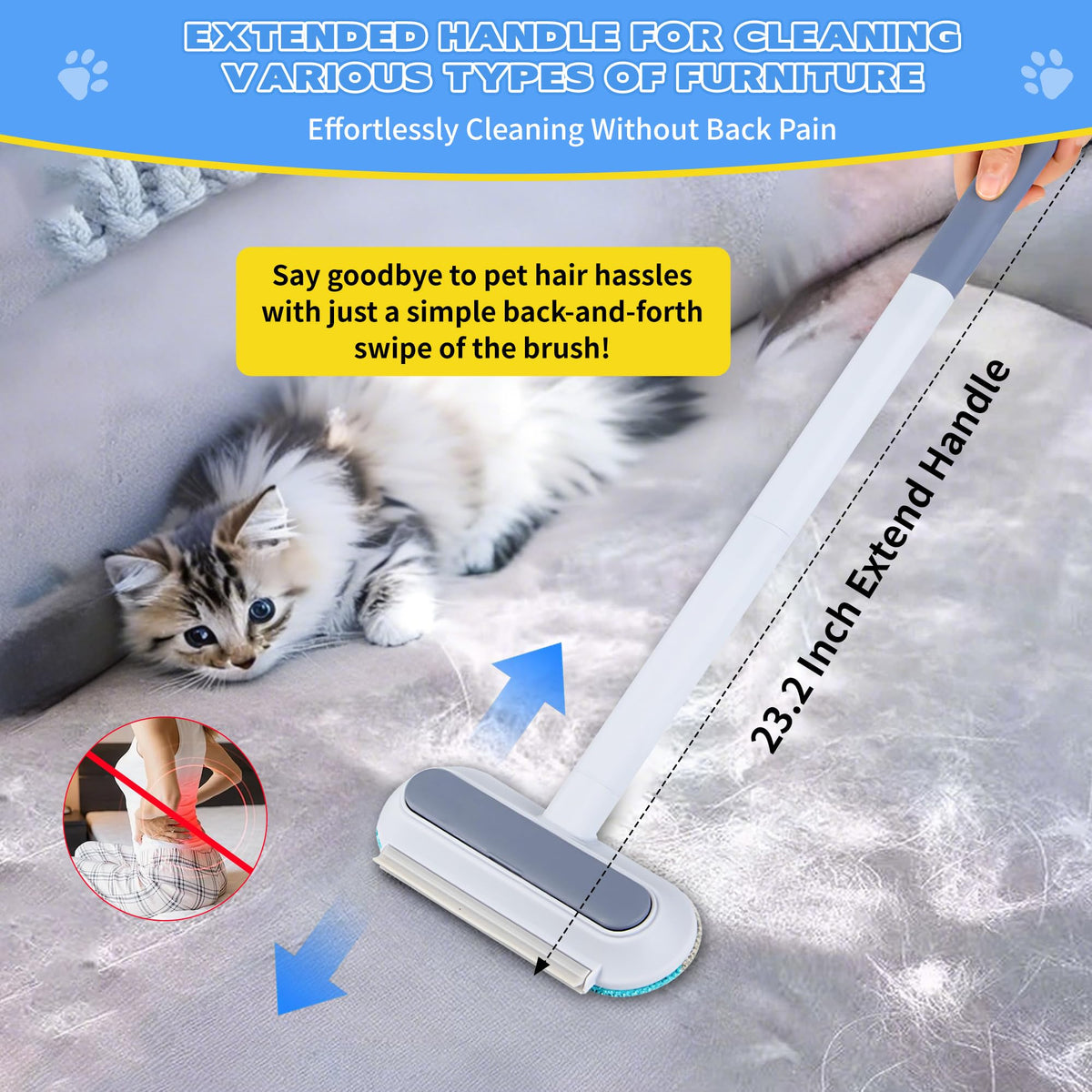 Pet Hair Remover for Furniture – 23.2Inch Reusable Dog & Cat Hair Removal Brush, Washable Lint Cleaner with Long Handle, 4-in-1 Pet Hair Remover for Couch, Carpet, Clothes & Bedding