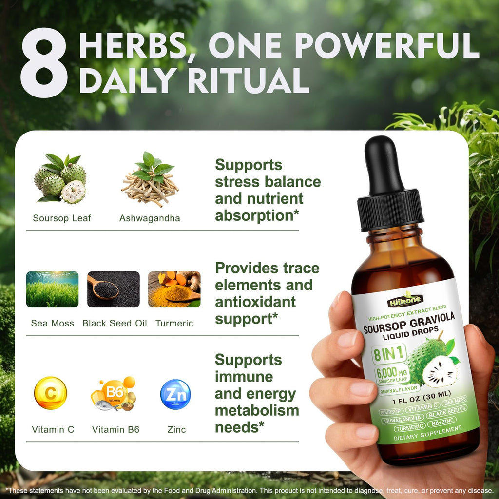 Herbs 8-in-1 Soursop Graviola Bitters Liquid Drops, 1 fl oz | Soursop Leaf Extract Drops, Sea Moss, Ashwagandha & Turmeric, Immune, Liver, Antioxidant & Sleep Support, Alcohol-Free