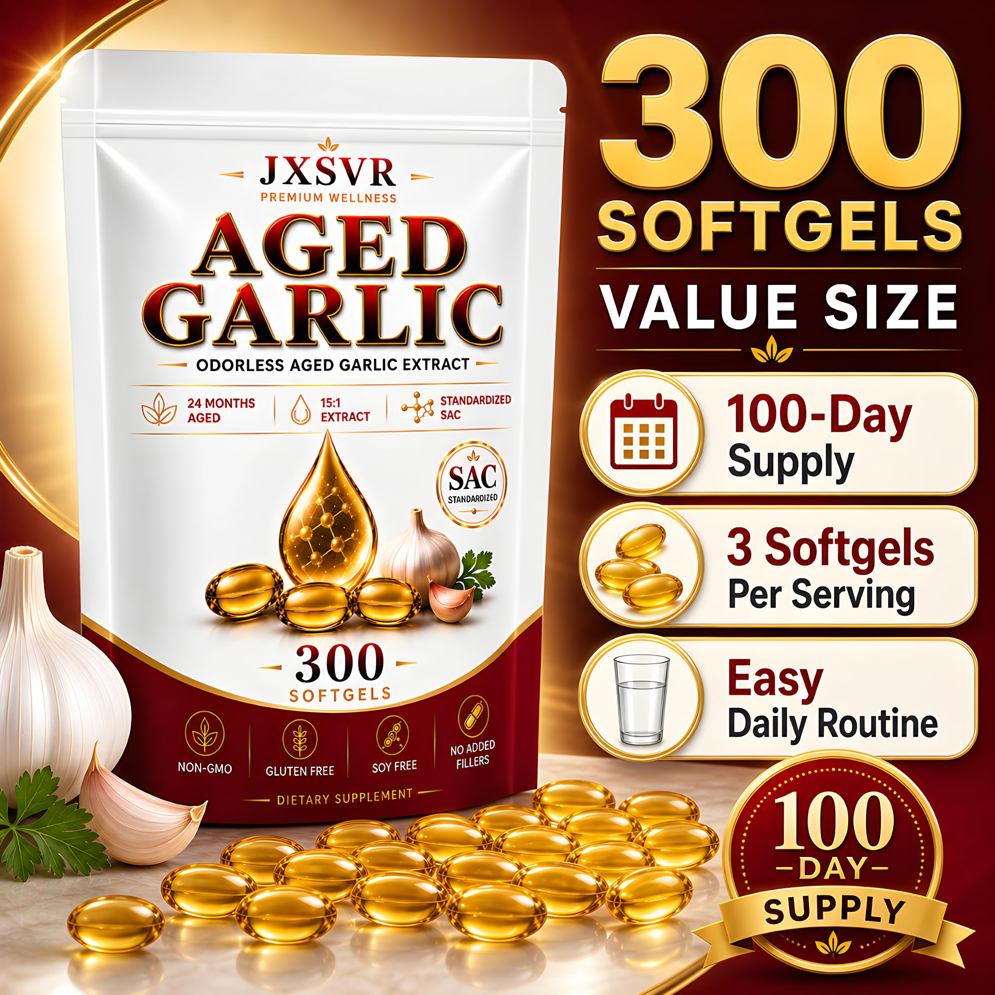 Pure Aged Garlic Extract Softgels, Odorless Garlic Supplement, 24-Month Naturally Aged with Standardized SAC, Heart Health, Immune & Antioxidant Support, 300 Count (2)