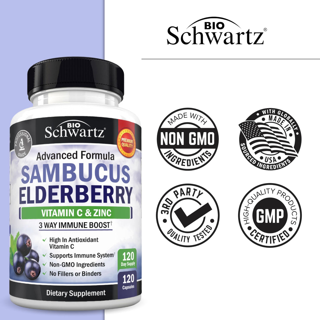 Elderberry Capsules with Zinc and Vitamin C for Adults, 120 Count | Immune Support Supplement for Women and Men, Black Sambucus Elderberry with Vitamin C and Zinc, Immune Defense Multiminerals