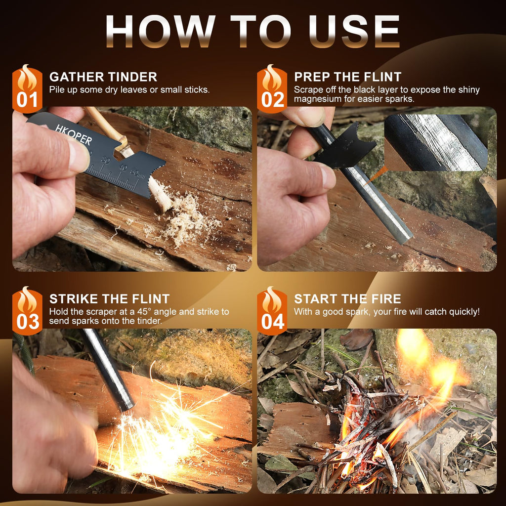 Ferro Rod Fire Starter with Striker, Flint and Steel, 6" x 3/8"