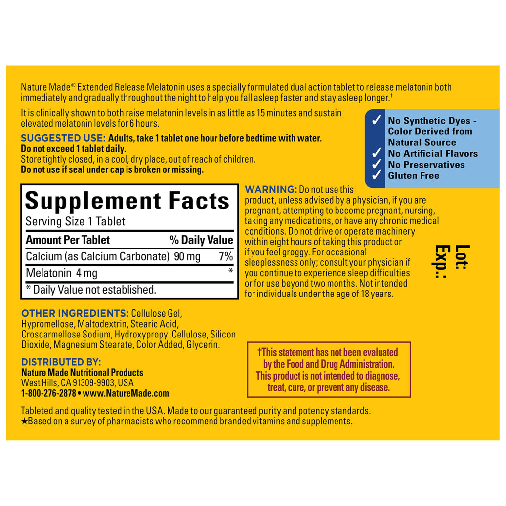 Nature Made Melatonin 4mg Extended Release Tablets, 90 Count | Sleep Supplements for Adults, 100% Drug Free Sleep Aid for Men and Women, 90 Day Supply