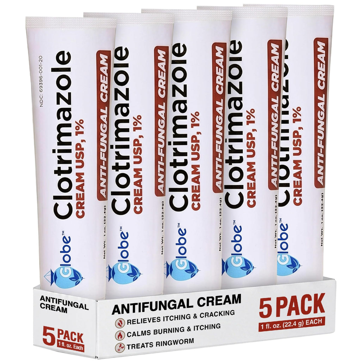 Globe Clotrimazole Cream 1% Antifungal Itch Relief Treatment, 1 oz Tube, 5 Pack