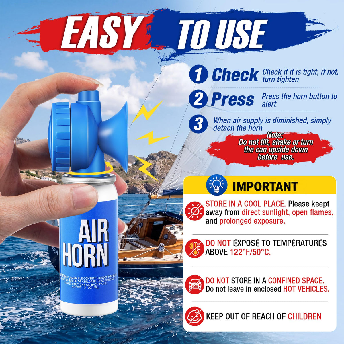 2 Pack 1.4oz 122dB Air Horn Mini, Heard 1/2 Mile