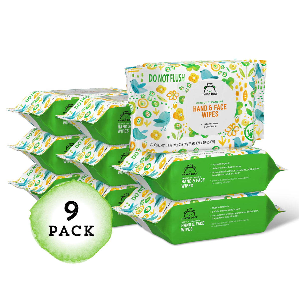 Amazon Brand - Mama Bear Baby Hand & Face Wipes, Unscented, Fragrance Free, Cleansing, Formulated without Parabens and Phthalates, 180 Count (9 Packs of 20)