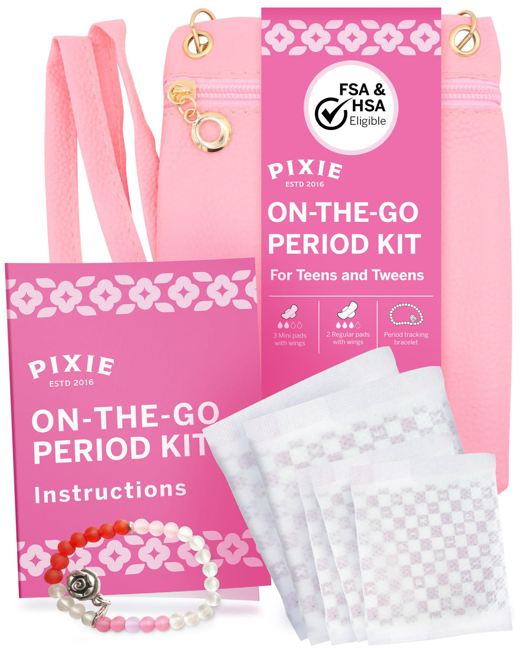 Pixie First Period Kit for Girls 9-12 - Best Organic Cotton Teen Pads with Wings - Period Tracking Bracelet & Discreet Crossbody Bag - On-the-Go Tween Starter Kit & Feminine Care Hygiene Essentials