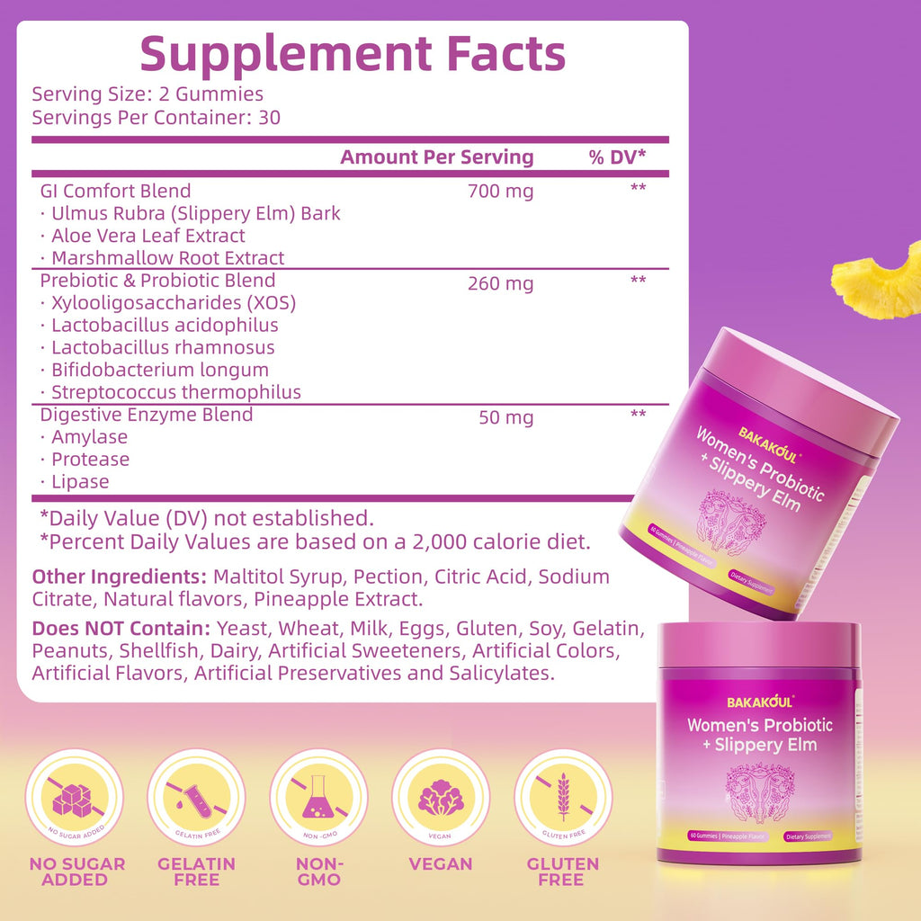 BAKAKOUL Feminine Probiotics Gummies for Women, Vaginal Probiotics with Slippery Elm,Prebiotics & Probiotics Supports pH Balance,Immune Health, Vegan, Non-GMO, Pineapple Flavor,60 Gummies 1 Pack