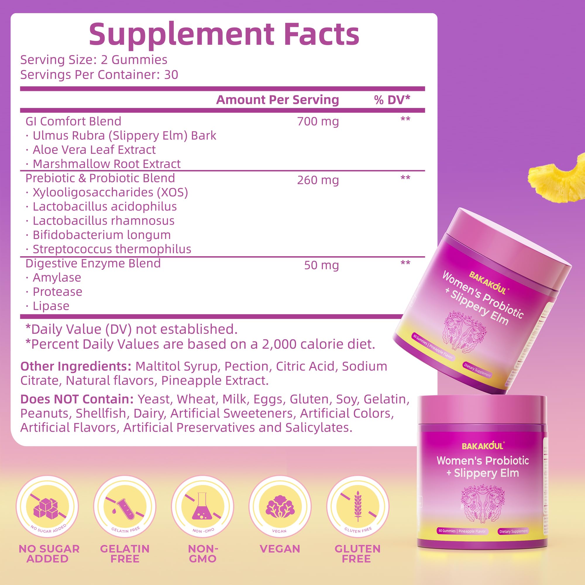 BAKAKOUL Feminine Probiotics Gummies for Women, Vaginal Probiotics with Slippery Elm,Prebiotics & Probiotics Supports pH Balance,Immune Health, Vegan, Non-GMO, Pineapple Flavor,60 Gummies 1 Pack