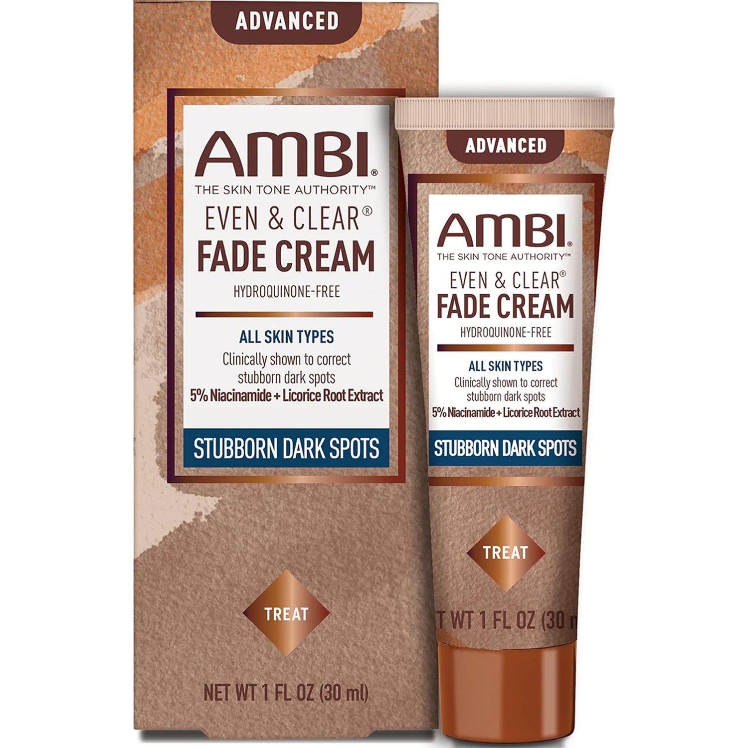 Ambi Even & Clear Advanced Fade Cream, Hydroquinone-free, Hyperpigmentation Treatment, Stubborn Dark Spot Corrector, Results In As Little As 2-3 Weeks, Niacinamide, Licorice Root Extract, PHA, 1 Fl Oz