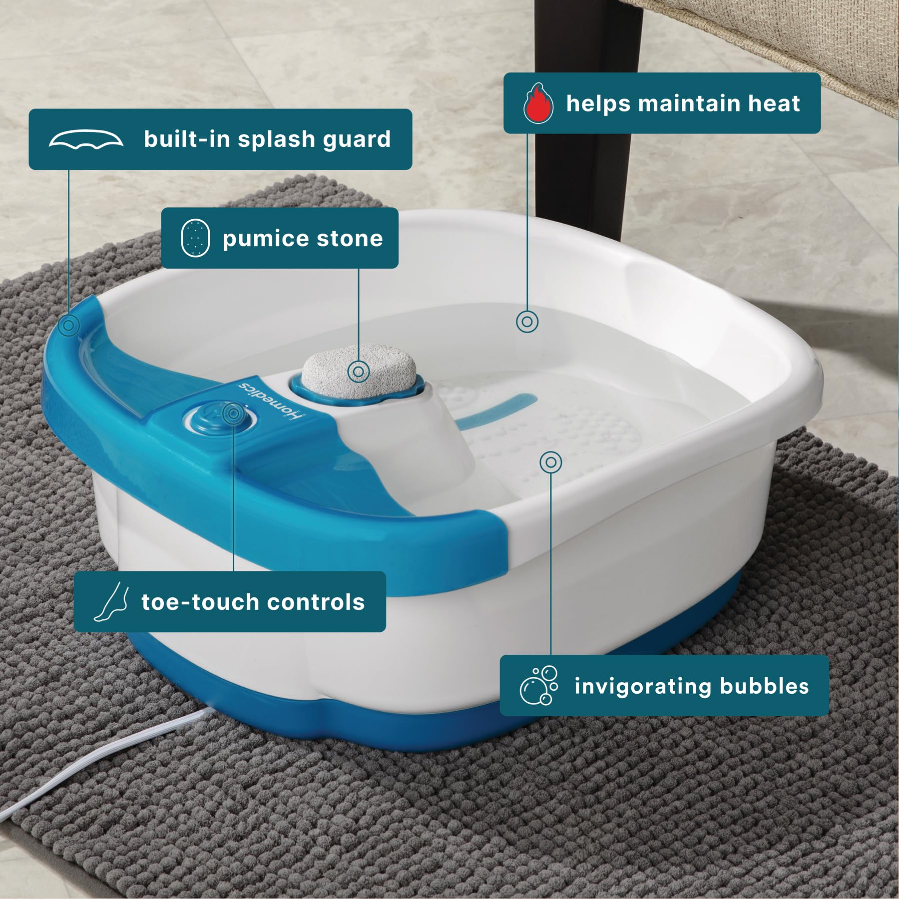 Homedics Bubble Mate Foot Spa, Toe Touch Controlled Foot Bath | with Invigorating Bubbles and Splash Proof, Raised Massage Nodes and Removable Pumice Stone