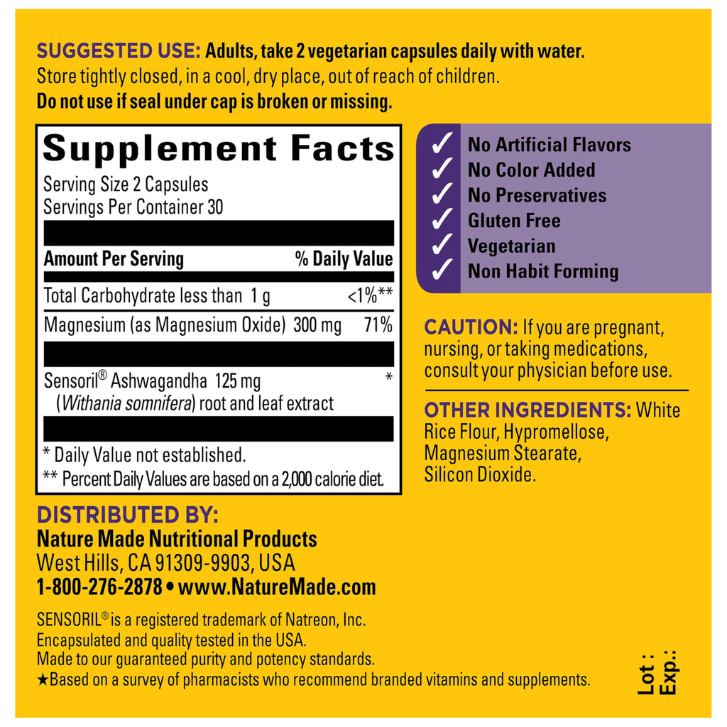 Nature Made Magnesium + Ashwagandha Capsules, 60 Capsules | Stress Relief and Sleep Support, Magnesium 300 mg and Clinically Studied Sensoril Ashwagandha Supplements, 30 Day Supply