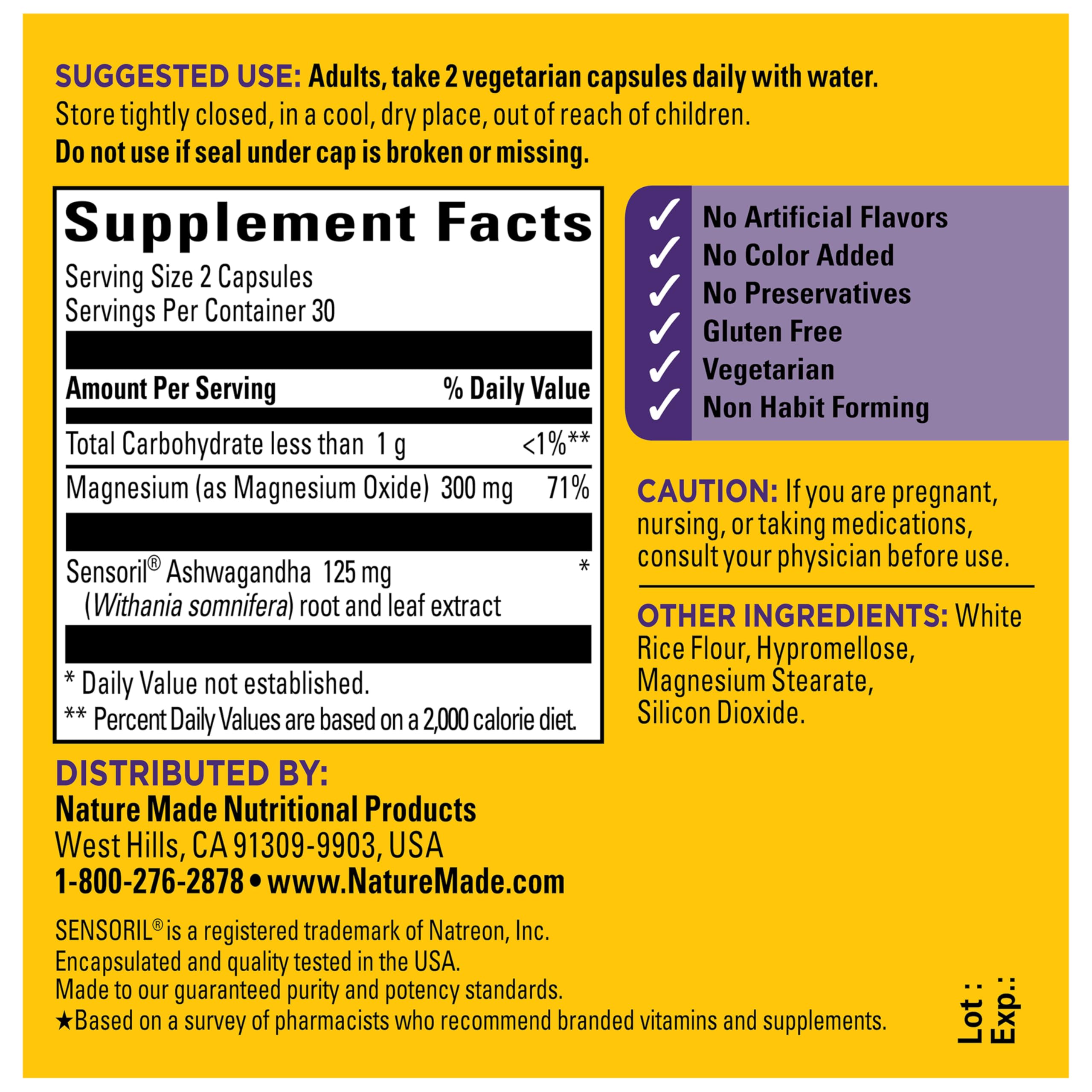 Nature Made Magnesium + Ashwagandha Capsules, 60 Capsules | Stress Relief and Sleep Support, Magnesium 300 mg and Clinically Studied Sensoril Ashwagandha Supplements, 30 Day Supply