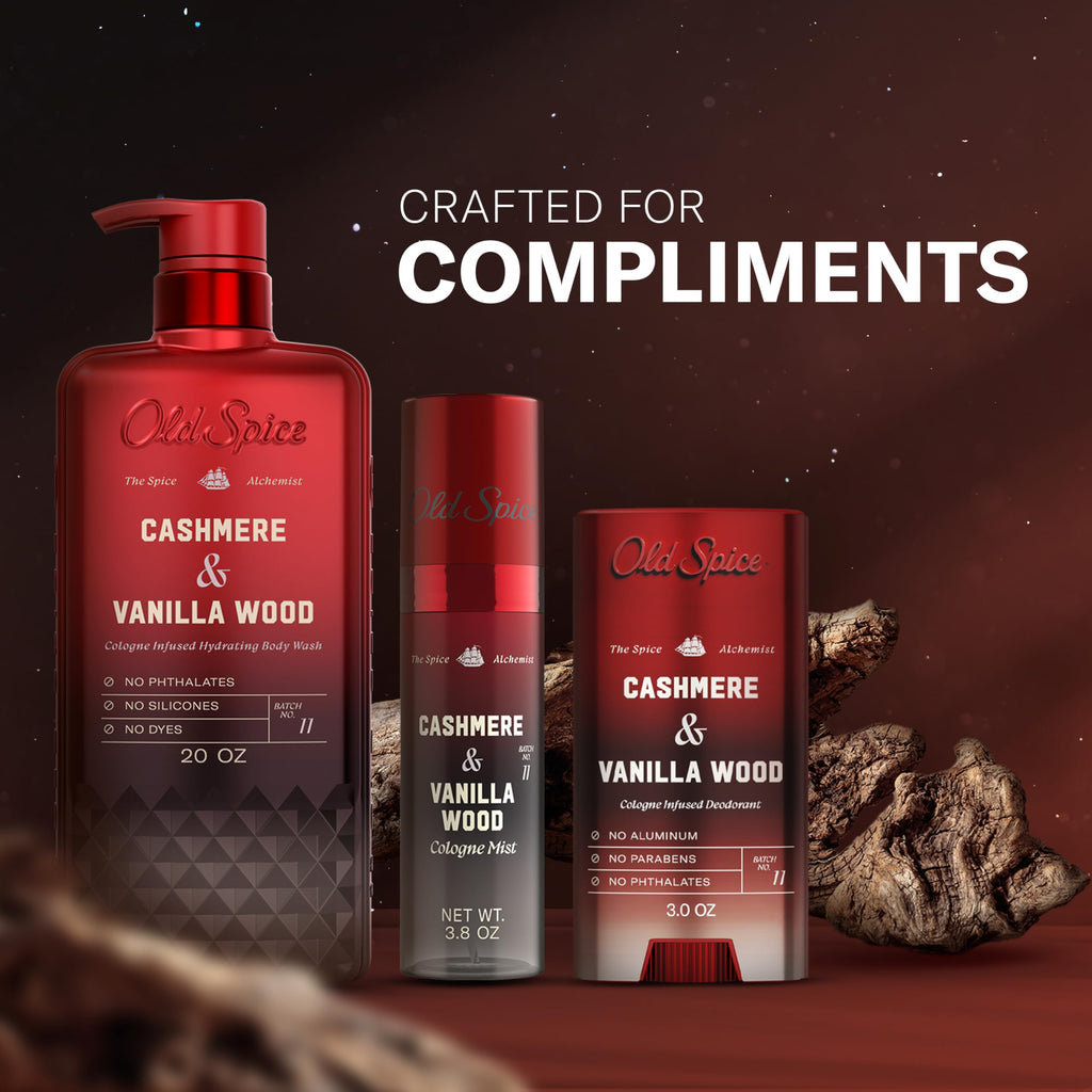 Old Spice Body Wash for Men, The Spice Alchemist Collection, 24/7 Cologne Infused Hydration, No Trade Off Formula, Free of Phthalates Silicones & Dyes, Cashmere + Vanilla Wood Scent, 20 oz