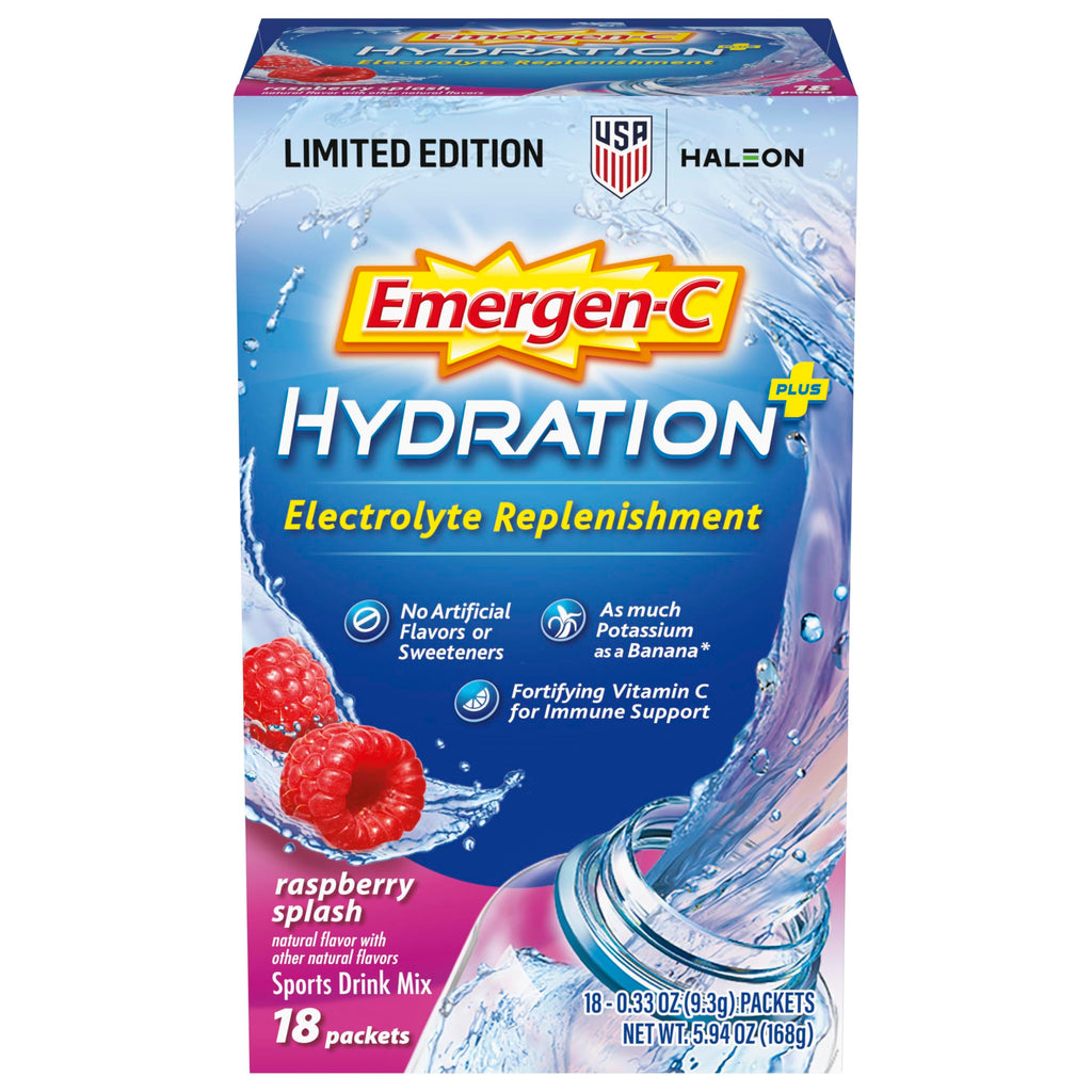 Emergen-C Hydration+ Vitamin C Sports Drink Mix, Raspberry, 18 Packets | Electrolytes for Hydration, 75% Less Sugar, Non-GMO, Vitamin C, Zinc and Manganese, Sports Formula
