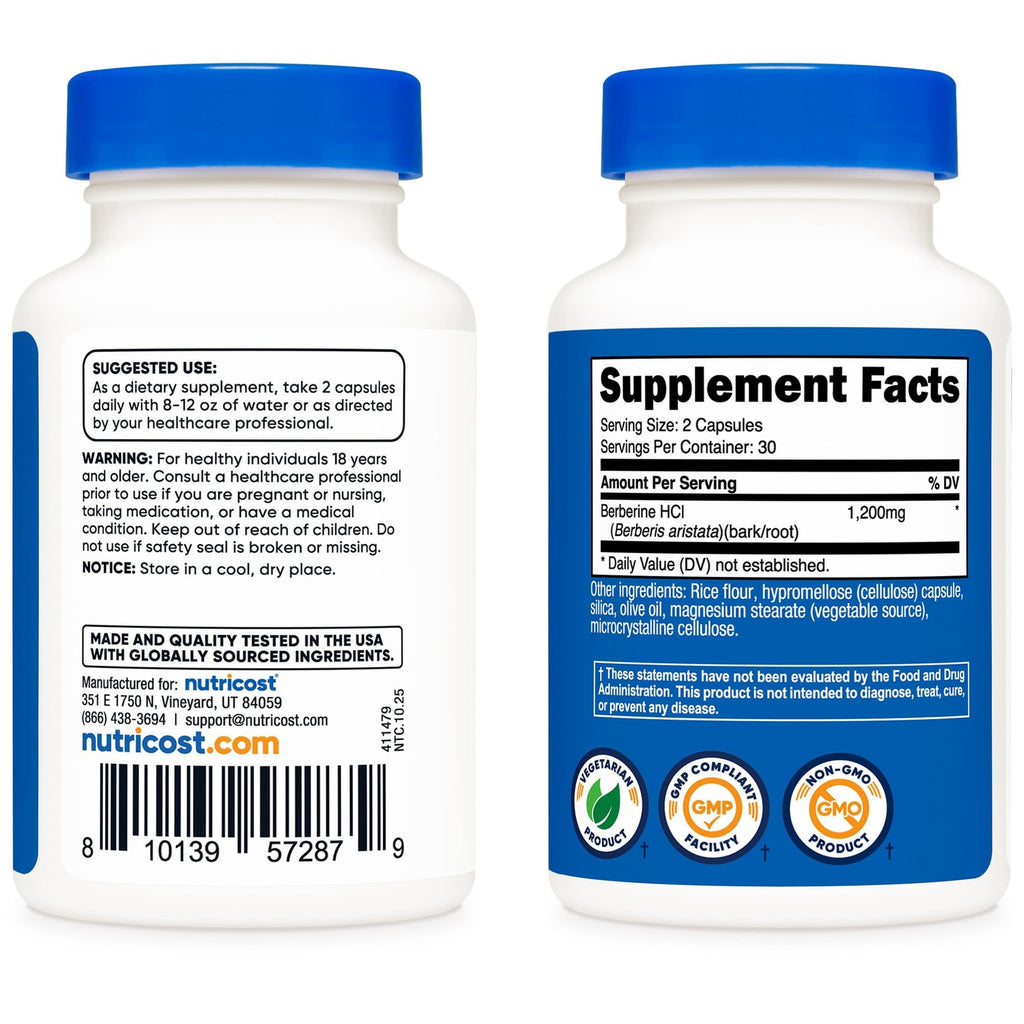 Nutricost Berberine HCl (1,200mg) 60 Capsules, 30 Servings | Gluten Free & GMO-Free