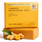 Glo Melanin Turmeric Brightening Soap with Vitamin C, Alpha Arbutin & Oats | 113g, For Face - Body - Dark Spots, All Natural, Vegan, Paraben-Free, Sulfate-free, For Melanin-Rich Skin, Made in USA