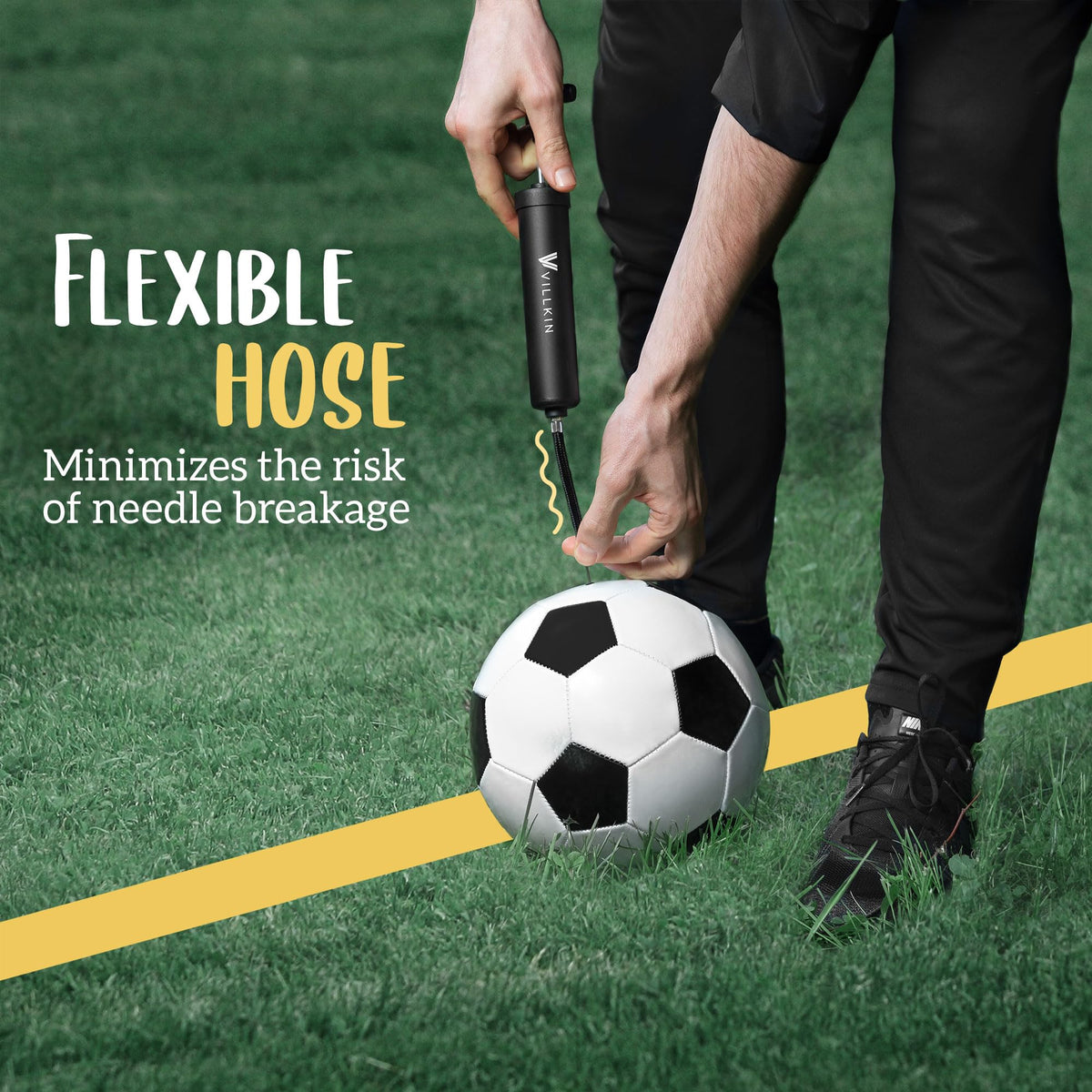 Villkin Ball Pump with Needle Storage in Handle - 4 Metal Needles, 2 Plastic Nozzles, Flexible Hose - for Soccer, Basketball, Volleyball, Handball - Black