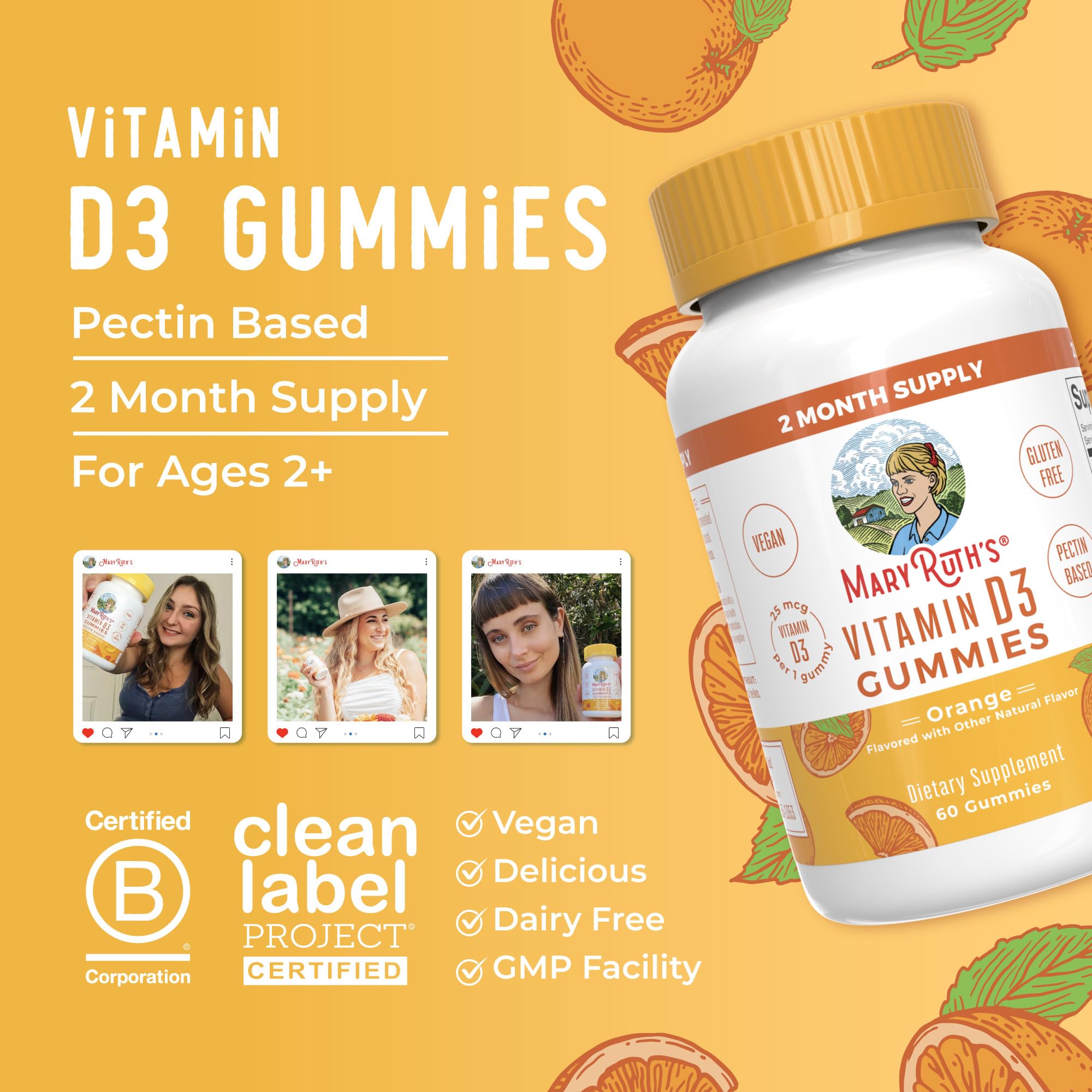 MARYRUTH'S Vitamin D3 Gummies, Adults & Kids Vitamin D, 60 Servings, Vegan | 2 Month Supply, Immune Support Supplement, 1000IU for Bone Health & Muscle Function, Vegan, Non-GMO, Gluten Free, 60 Count