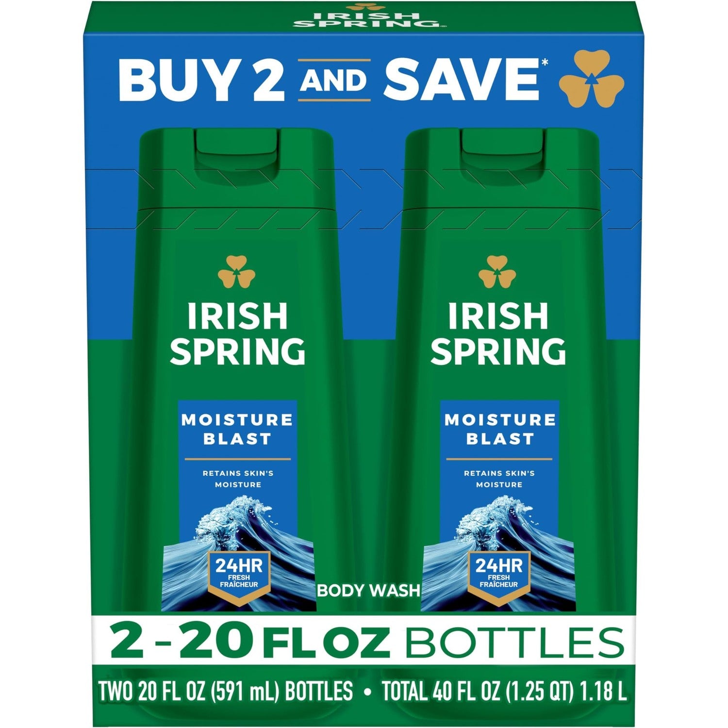 Irish Spring Original Moisturizing Body Wash for Men, 24-Hour Fresh, Face and Body Wash, Men’s Body Wash, Biodegradable Ingredients, Paraben Free, Cool Fresh Scent, 20 fl oz Bottle (2 Pack)