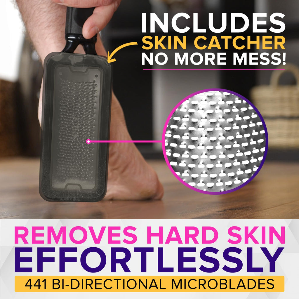NYK1 RUSTPROOF Foot File Callus Remover for Feet with Catcher | XL Size | MegaFile Hard Skin Remover Foot Scraper for Wet and Dry Use - Non-Slip Textured Grip for Smooth, Soft & Callus-Free Feet
