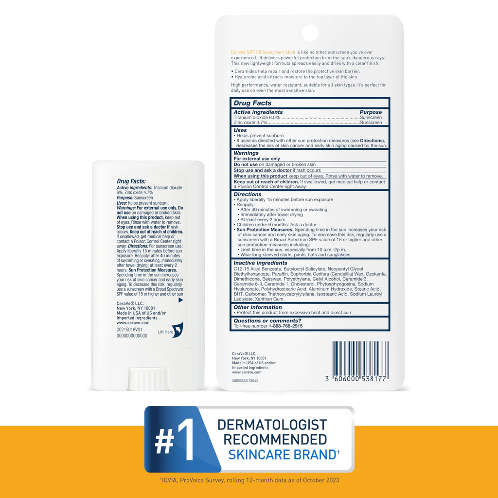 CeraVe Mineral Sunscreen Stick, SPF 50 Face Sunscreen, Travel Size, 0.47oz | FSA Eligible Zinc Oxide Face Sunscreen with Hyaluronic Acid and Ceramides Offers Water-Resistant, Mess-Free Protection