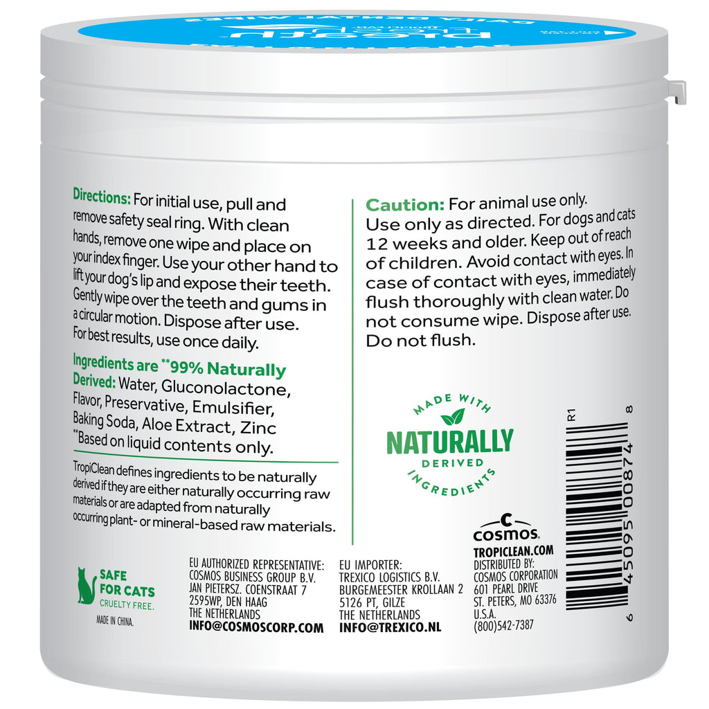 TropiClean Fresh Breath Dog Teeth Cleaning Dental Wipes, 50ct