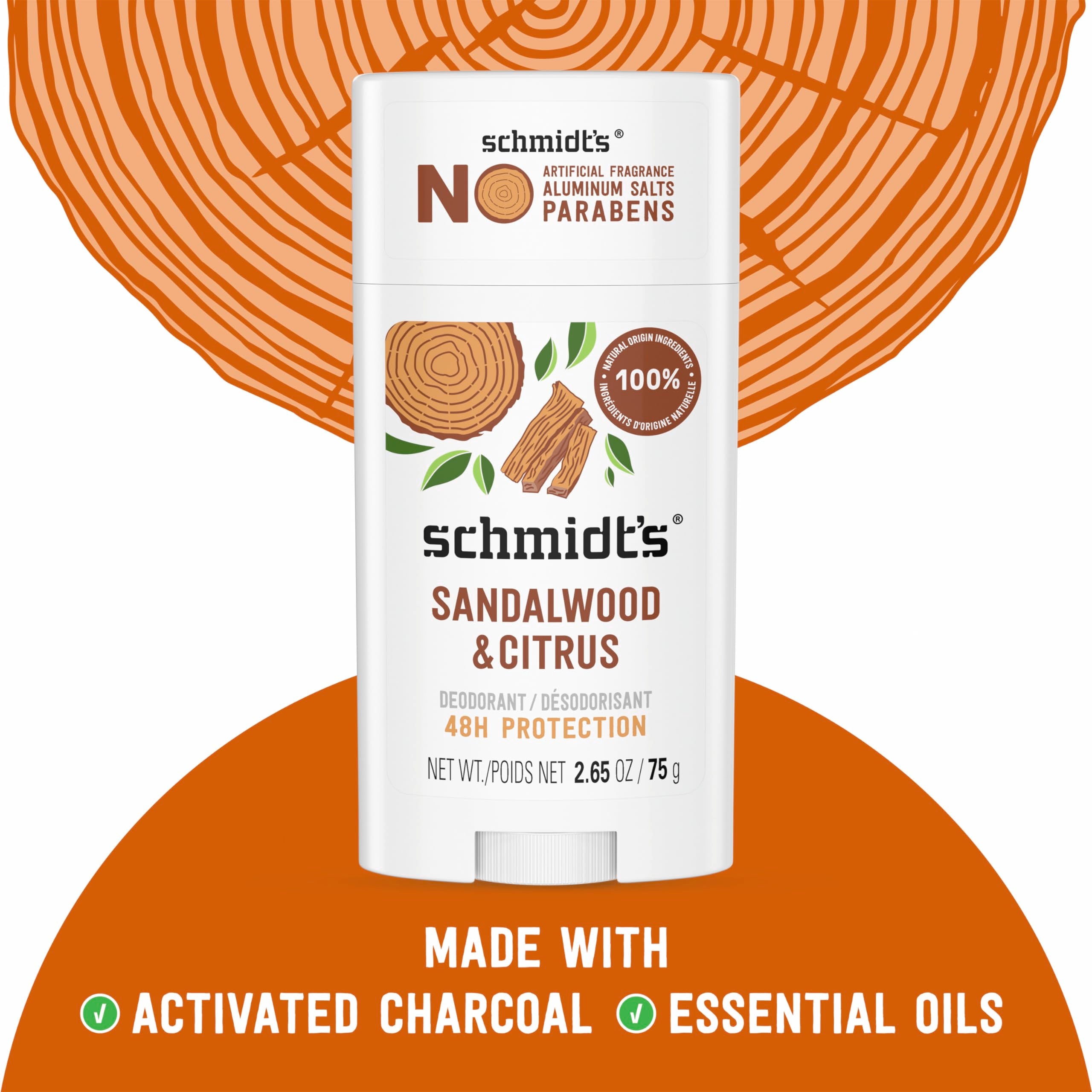 Schmidt's Aluminum Free Natural Deodorant Sandalwood & Citrus 2.65 oz 2 ct | 24 Hour Odor Protection for Women and Men. With Natural Ingredients. Cruelty-Free