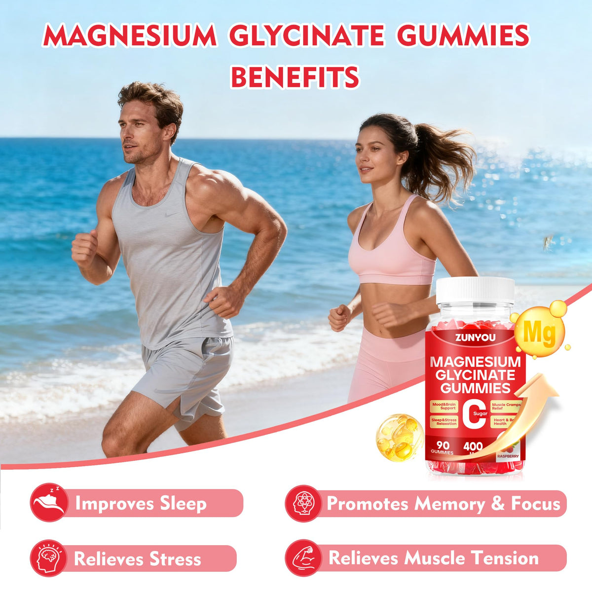 Magnesium Glycinate Gummies 400mg, Sugar Free Magnesium Gummies for Sleep, Muscle Support and Relaxation, Calm Magnesium Supplements for Women and Men, 90 Count