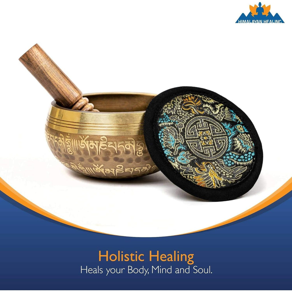 Buy now Tibetan Singing Bowl Set 4.2 inch with Holy Buddhist Mantra and Sacred Third Eye Symbol from Nepal~ Antique design suitable for Yoga, Meditation, Sound Healing & Chakra Balancing~ (4.2 Third EYE) at indiglob india
