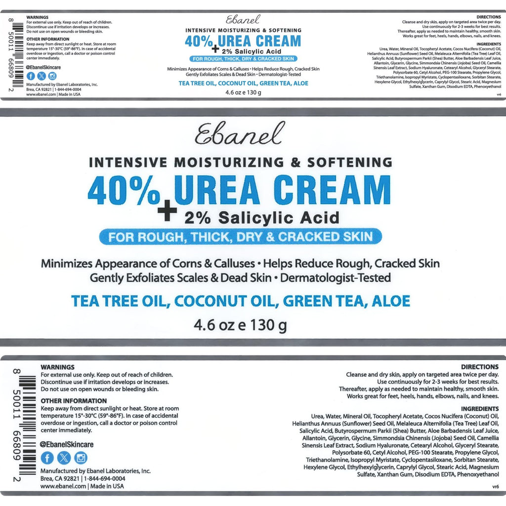 Ebanel Urea Cream 40% plus Salicylic Acid 2% for Dry Cracked Feet Skin | Deeply Moisturizes & Softens Dry Cracked Heels, Feet, Knees, Elbows, Hands, Rough Dead Skin Callus Remover Toenail Softener