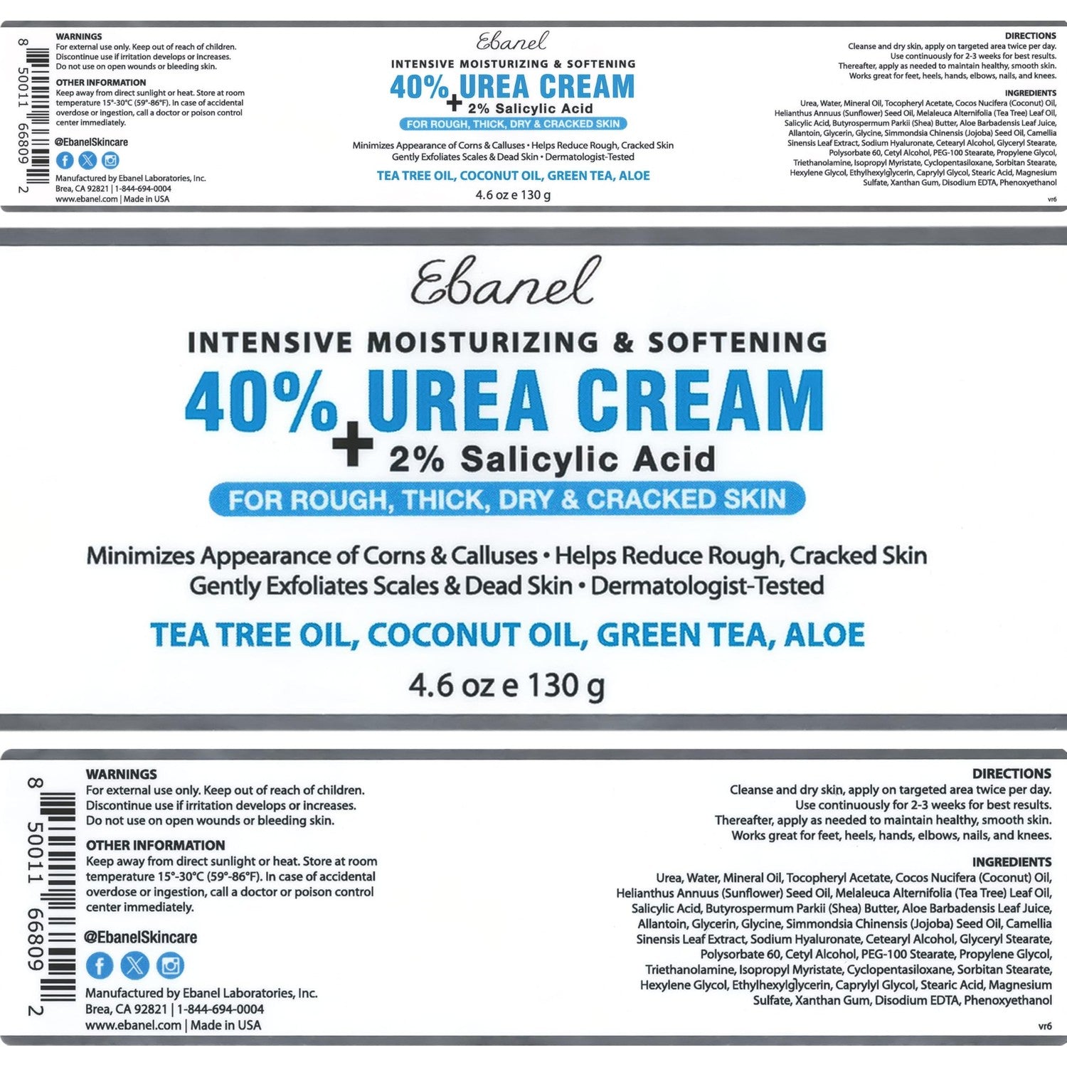 Ebanel Urea Cream 40% plus Salicylic Acid 2% for Dry Cracked Feet Skin | Deeply Moisturizes & Softens Dry Cracked Heels, Feet, Knees, Elbows, Hands, Rough Dead Skin Callus Remover Toenail Softener