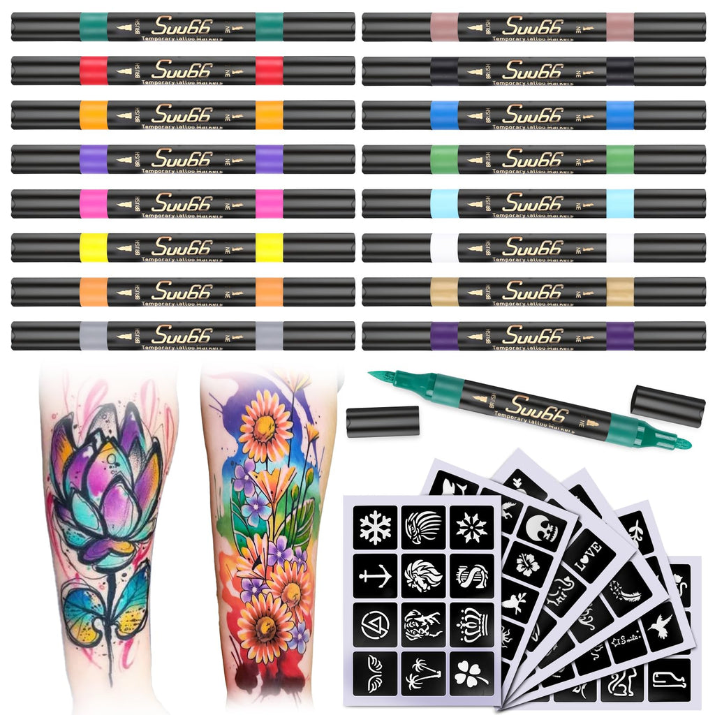 Suu66 Temporary Tattoo Markers Kit, Dual-End 16 Colors with 80 Stencils for Body Art | Skin-Safe, Washable, Cosmetic-Grade | for Kids & Adults
