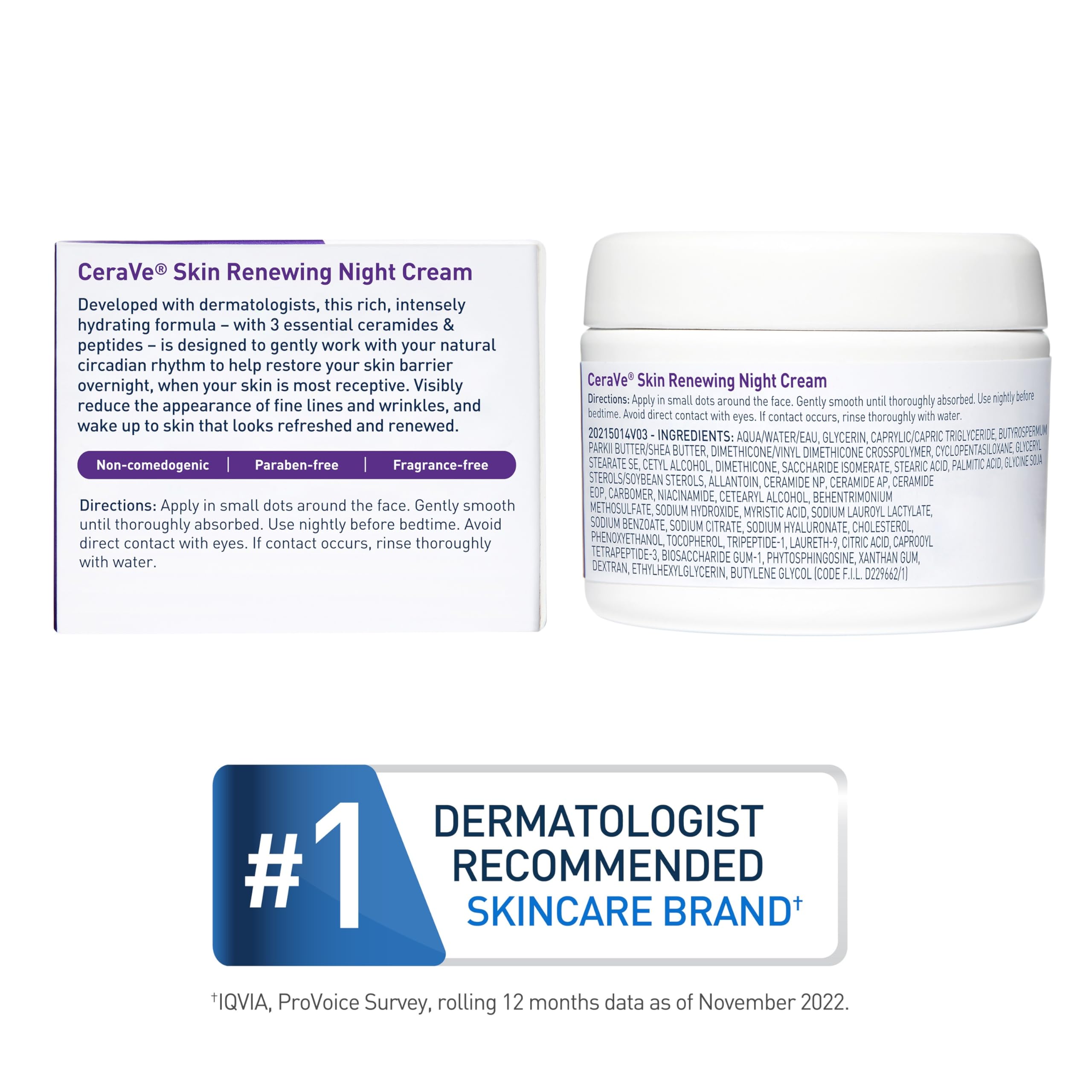 CeraVe Night Cream, Face Moisturizer, Skin Care for Dry Skin, 1.7oz | Skin Renewing Face Moisturizer with Hyaluronic Acid & Peptides, Night Cream For Men & Women, Anti-Aging Face Cream, Daily Use