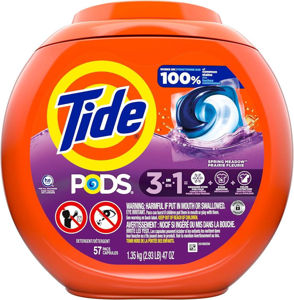 Buy now Tide PODS laundry detergent pacs, 3-in-1 Stain Remover, Odor Fighter, Color Protector, 57 Count, HE compatible, Spring Meadow Scent at indiglob india