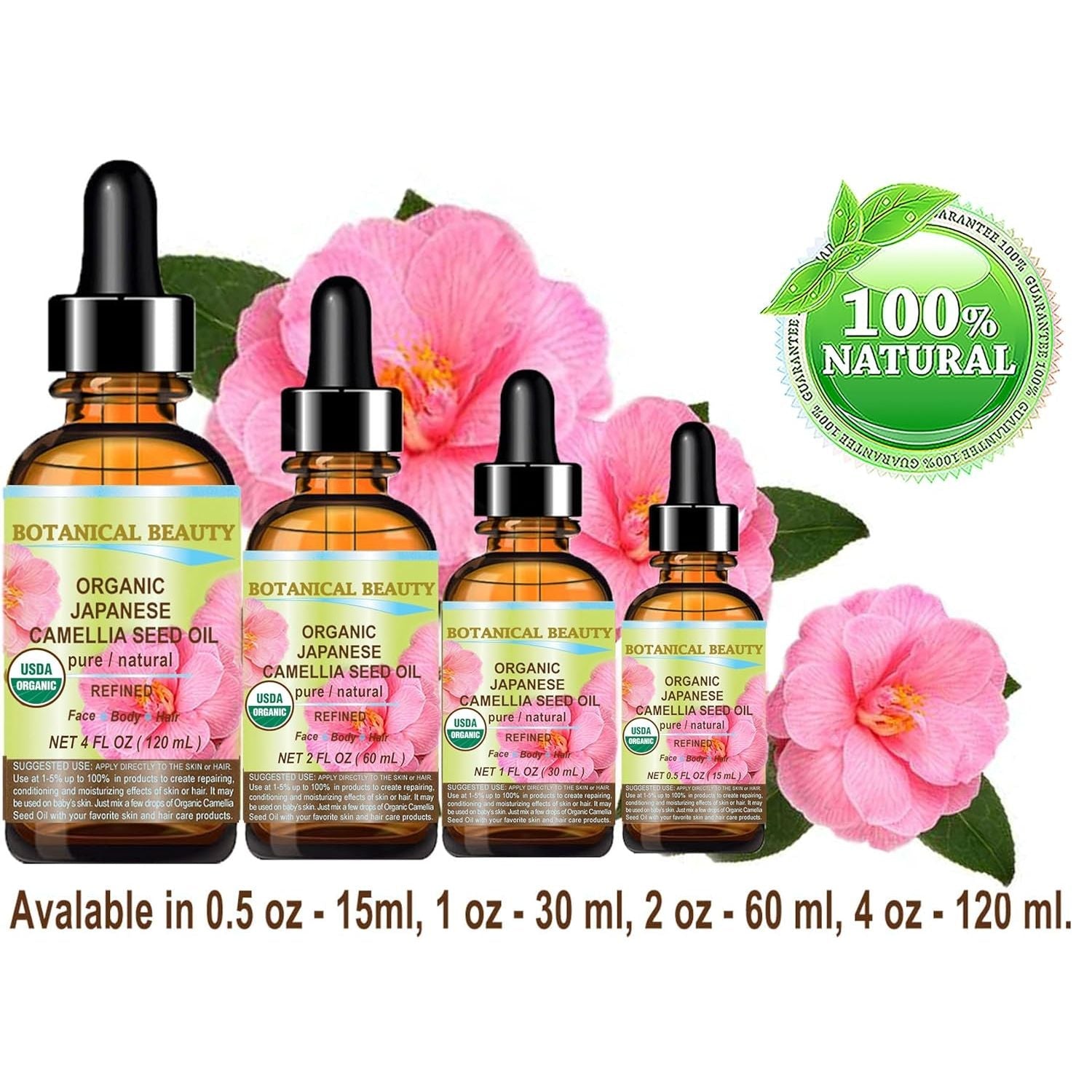 Buy now Botanical Beauty Japanese ORGANIC CAMELLIA Seed Oil. 100% Pure Natural Undiluted Refined Cold Pressed Carrier Oil to revitalize and rejuvenate the hair, skin and nails. 4 Fl. oz 120 ml at indiglob india