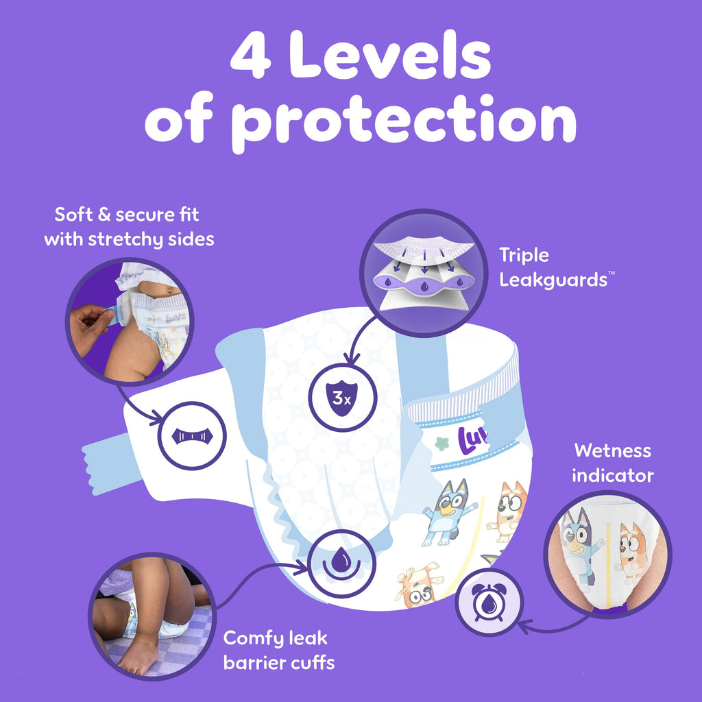 Luvs Size 8 Baby Diapers, Platinum Protection Bluey Diapers for Day & Night,Size 8 (46+ lb), 52 Count