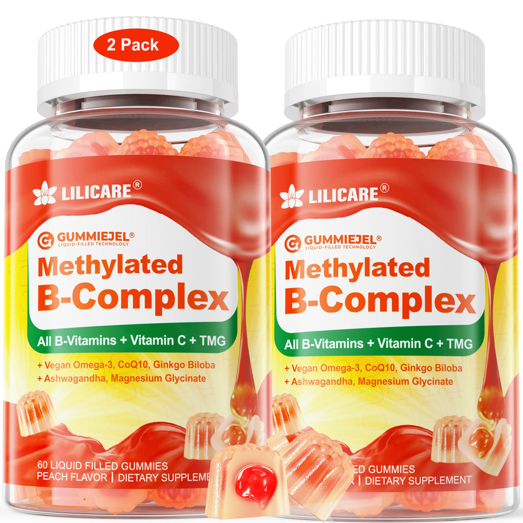 Super Vitamin B Complex Filled Gummies for Women Men, Methylated w/Omega 3 | Magnesium, CoQ10, Ashwagandha, Vitamin C, TMG -All B - B1, B2, B3, B5, B6,B7,B9,Methyl B12, Inositol, PABA, Sugar Free, 2Pack