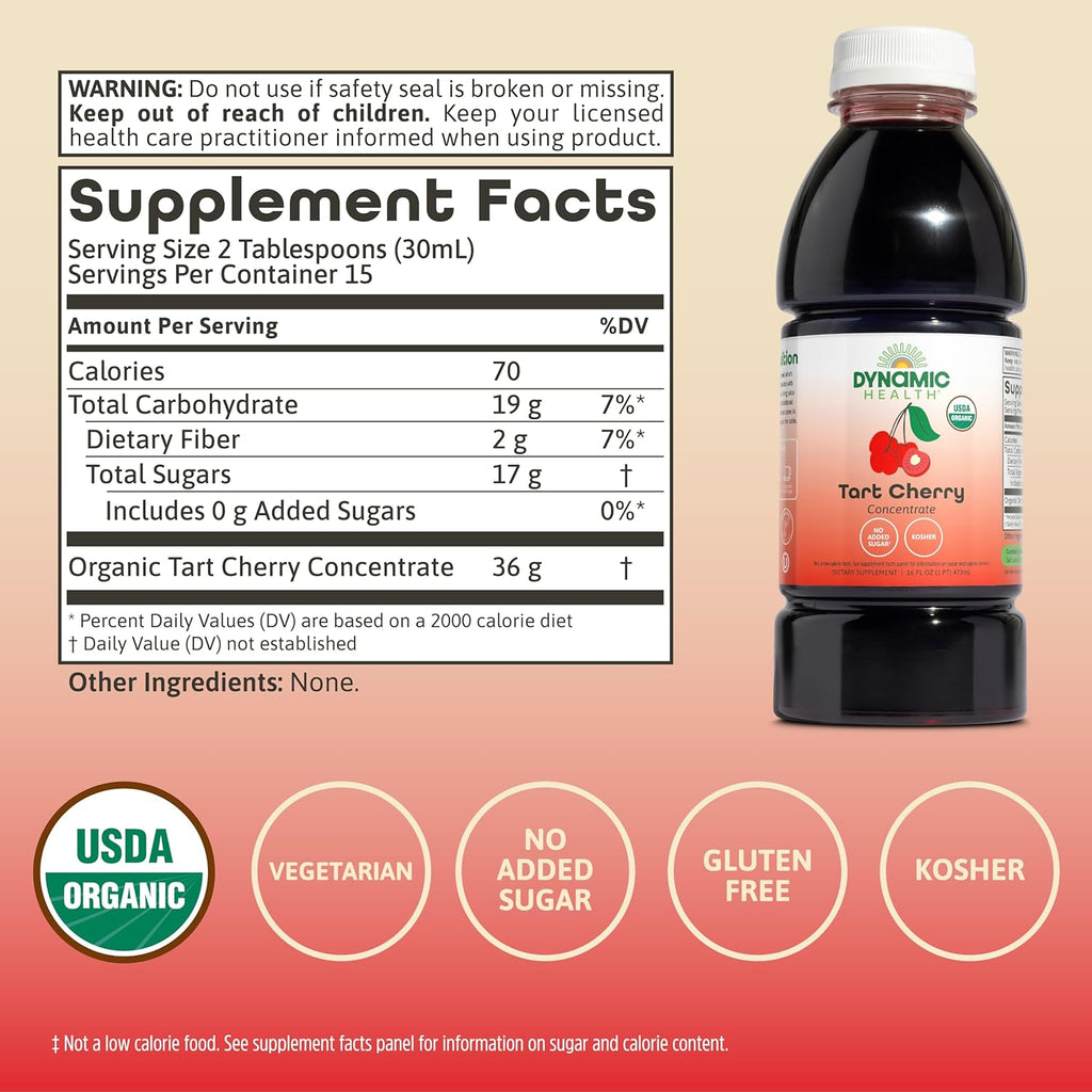 Buy now Dynamic Health Organic Tart Cherry Juice, Unsweetened 100% Juice Concentrate, Antioxidants Supplement, No Sweeteners or Additives, Vegan, Gluten Free, BPA Free (16oz) at indiglob india