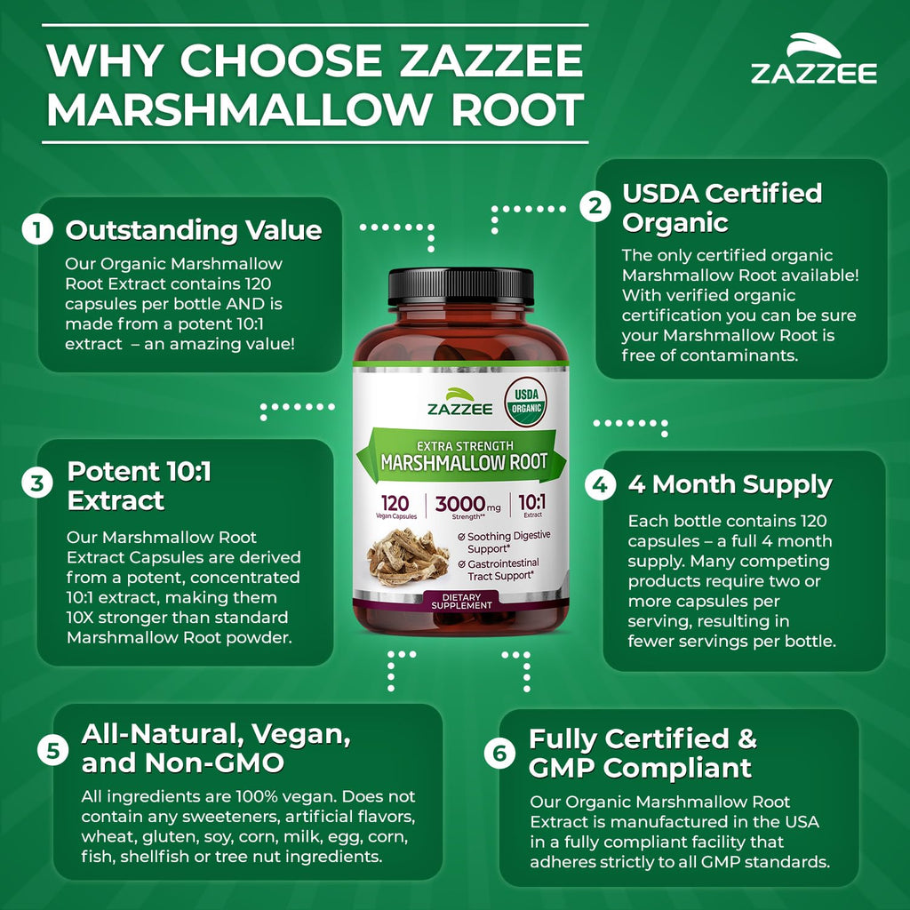 Zazzee USDA Organic Marshmallow Root 10:1 Extract, 120 Vegan Capsules