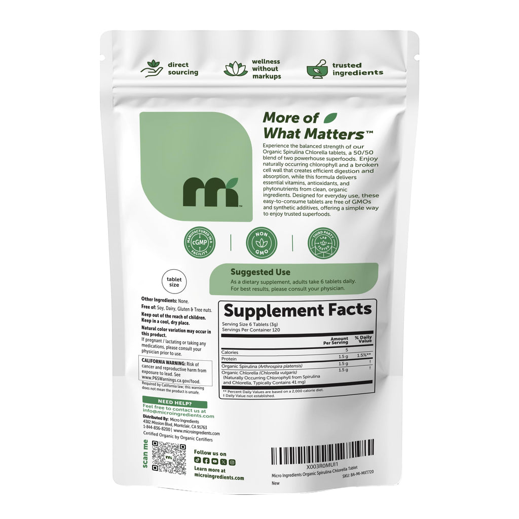 Micro Ingredients Organic Spirulina Chlorella Tablets, 720 Count | 4 Month Supply. 50/50 Algae Blend, Broken Cell Wall, Sunlight Grown. Contains Vegan Protein & Naturally Occurring Chlorophyll