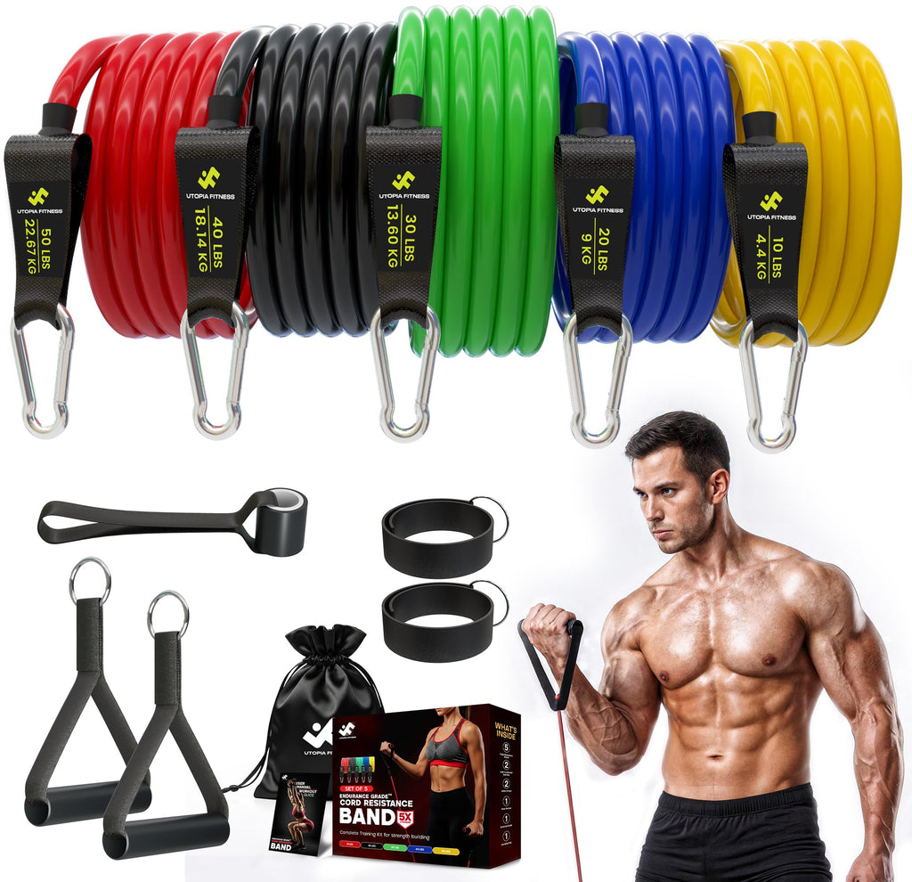 Resistance Bands with Handles, 150 lbs Premium Natural Latex - Set of 5