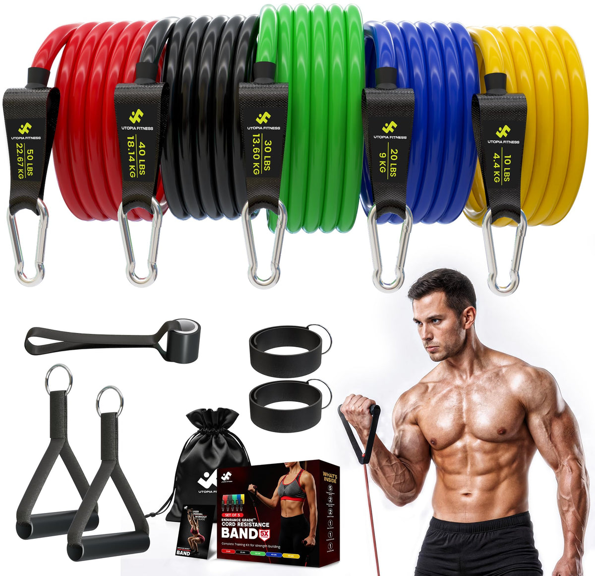 Resistance Bands with Handles, 150 lbs Premium Natural Latex - Set of 5