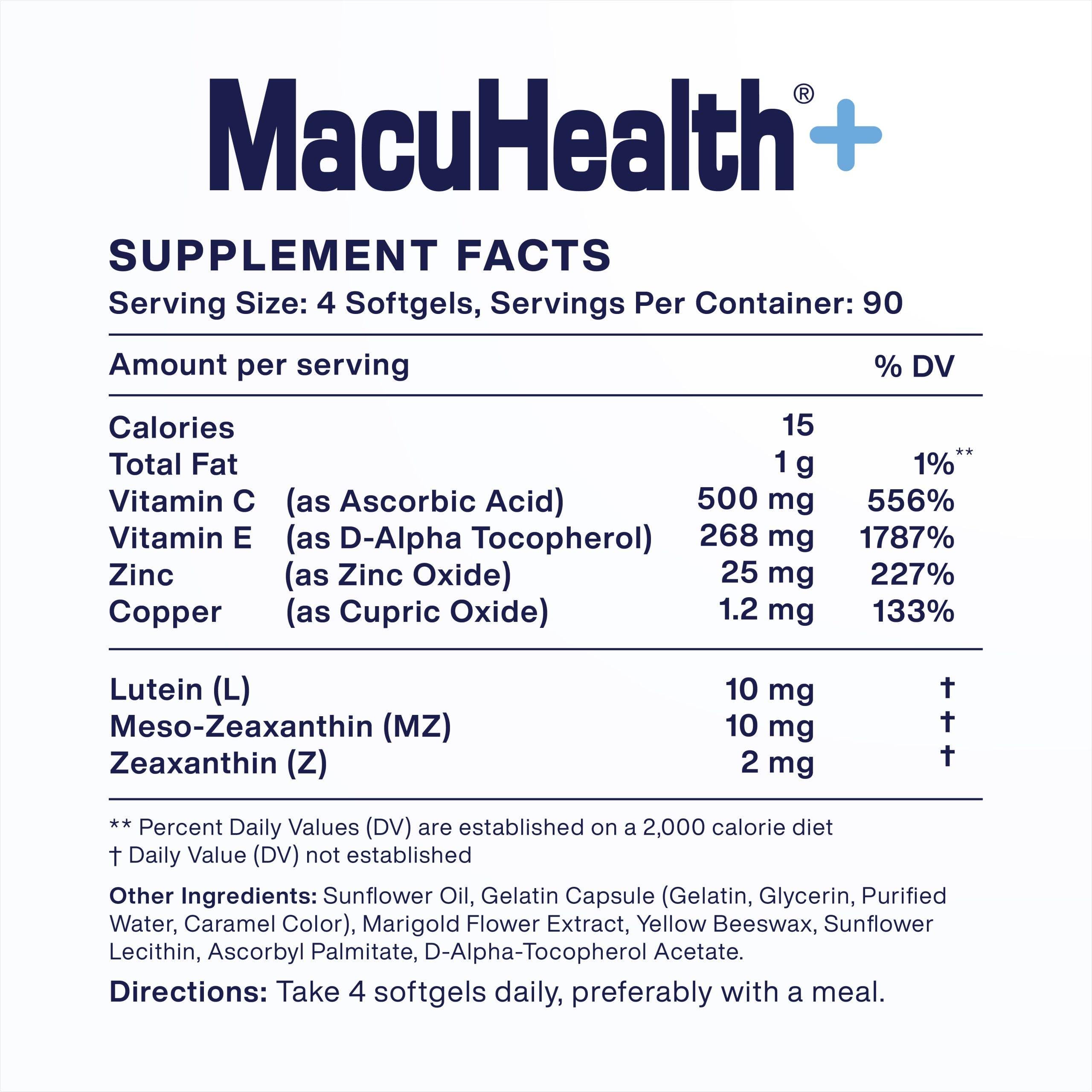 Macuhealth Plus+ Eye Vitamin Supplement for Adults - Lutein & Zeaxanthin | 90 days Supply, Carotenoid Formula, Unflavored Softgels, Meso-Zeaxanthin with Vitamin C & E, Zinc, Balanced carotenoids