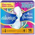 Always Radiant Teen with FlexFoam Pads, Size 4, Overnight Absorbency, with Wings, Unscented, Up to Zero leaks, Zero Feel Protection, 18 Count