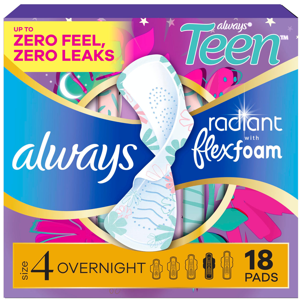 Always Radiant Teen with FlexFoam Pads, Size 4, Overnight Absorbency, with Wings, Unscented, Up to Zero leaks, Zero Feel Protection, 18 Count
