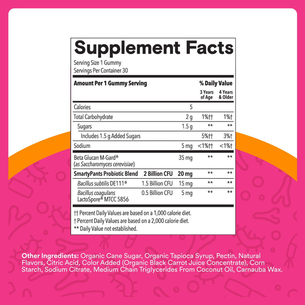 SmartyPants Kids Probiotic Gummies for Digestive Health: 2 Billion CFU Gut Health and Immune Support Supplement, Clinically Studied Probiotic, Gluten Free, Grape, 30 Count (30 Day Supply)