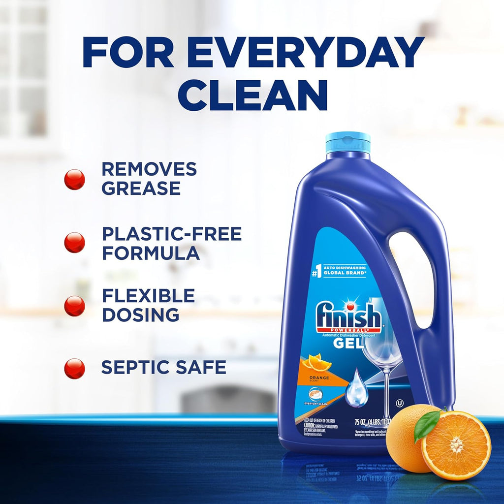 Buy now Finish Gel Liquid Dishwasher Detergent, Advanced Deep Cleaning Power Dish Soap, Fights Tough Stains, Dishwasher Soap, Septic Safe & Plastic-Free Dish Detergent, Orange Scent, 75oz at indiglob india