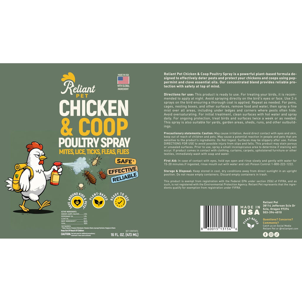 Reliant Pet Chicken and Coop Poultry Spray for Mite's Lice Ticks Fleas and Flies - Dust Mite Spray 16oz - Chicken Coop Fly Spray - Made in USA - Chicken Coop Accessories